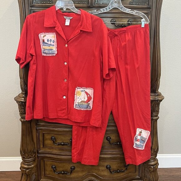 Stonebridge Vtg Linen Rayon Set Top Plus Size 1X Pants XL Red Nautical Travel - Picture 1 of 16